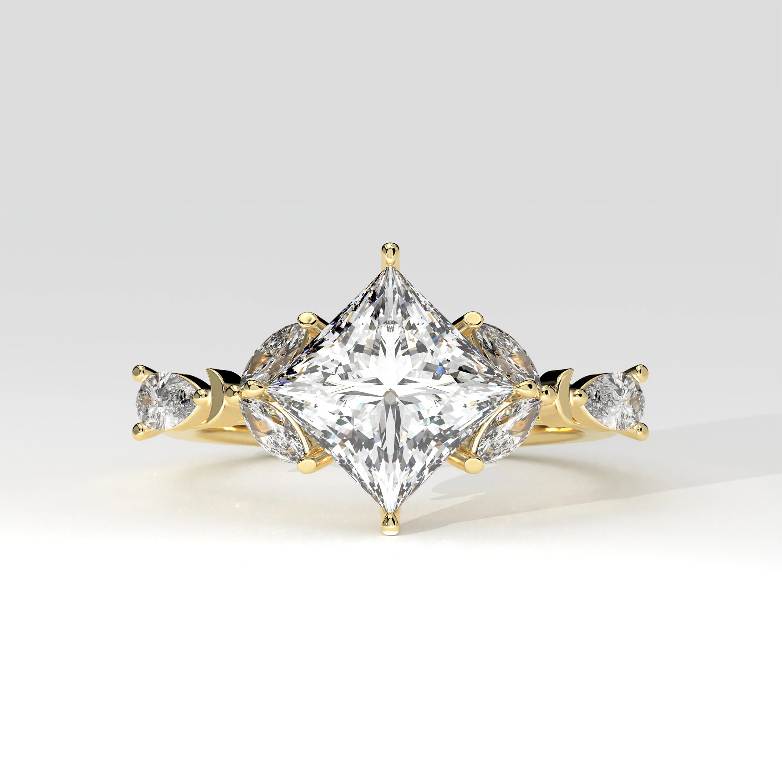 Front View Of 2.78 Ct Princess Cut Lab Diamond Ring with Marquise, Pear Side Stones