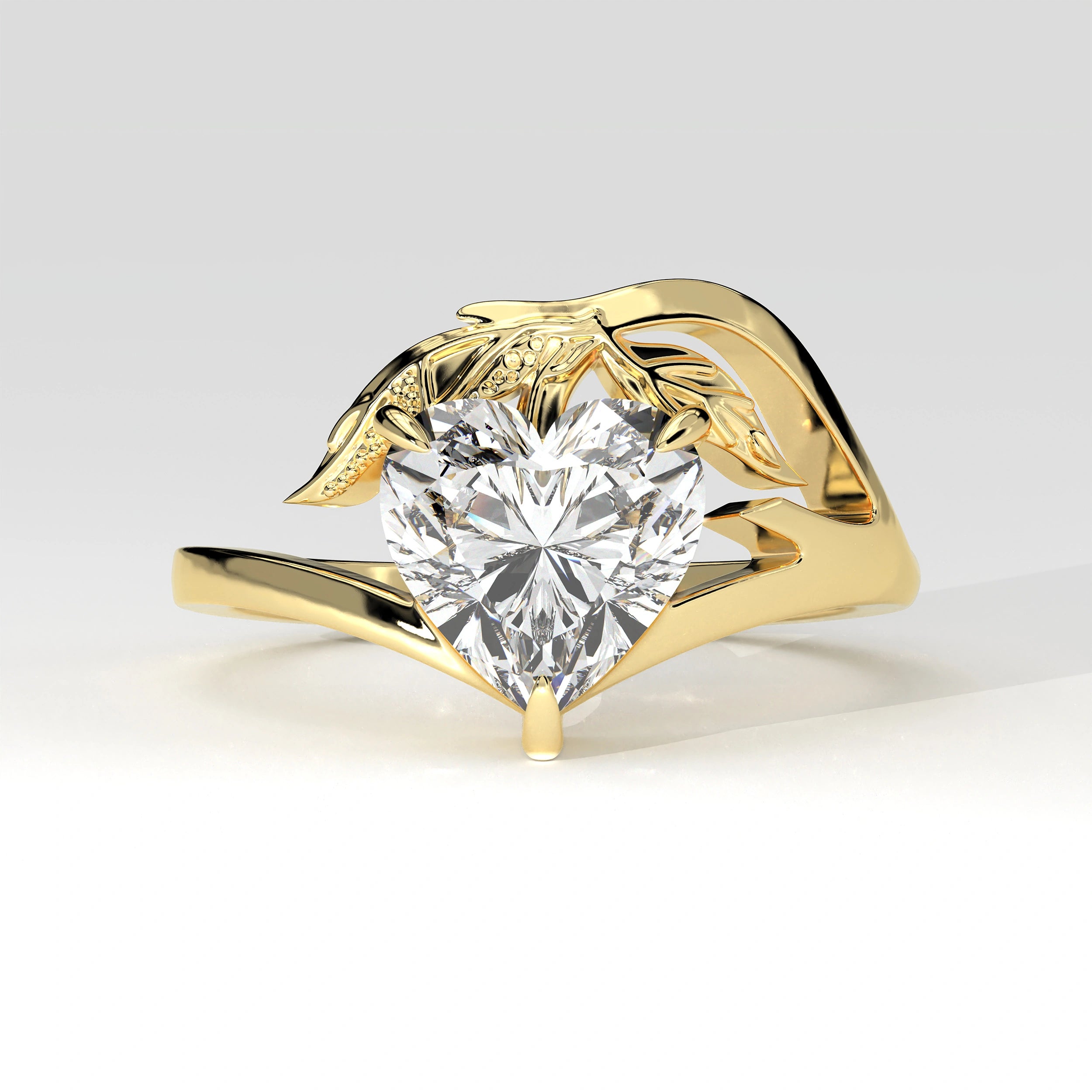 Front View Of 2ct Heart Shape Lab Grown Diamond Ring with Nature Inspired Leaf Design