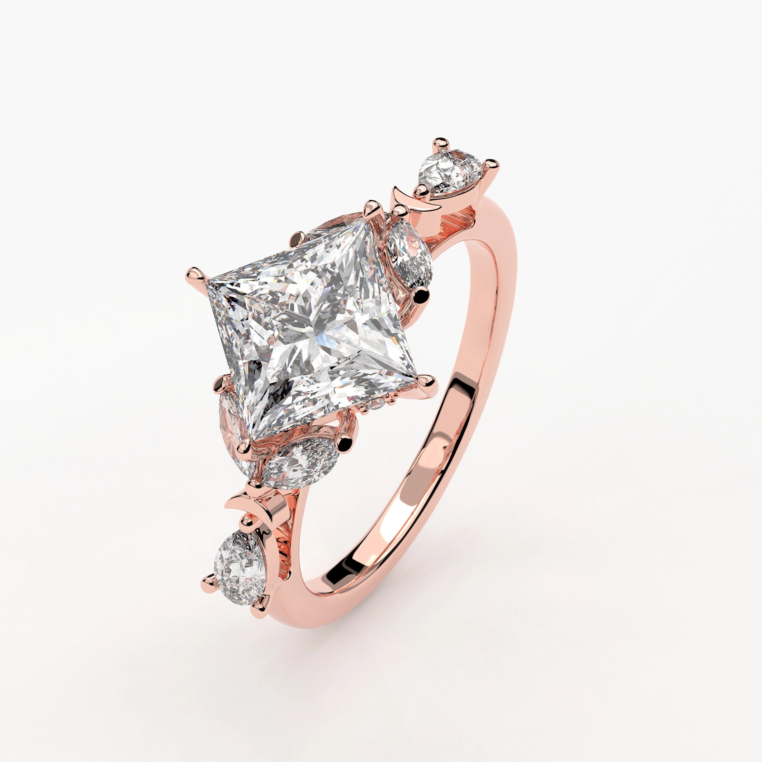 Angled View Of 2.78 Ct Princess Cut Lab Diamond Ring with Marquise, Pear Side Stones