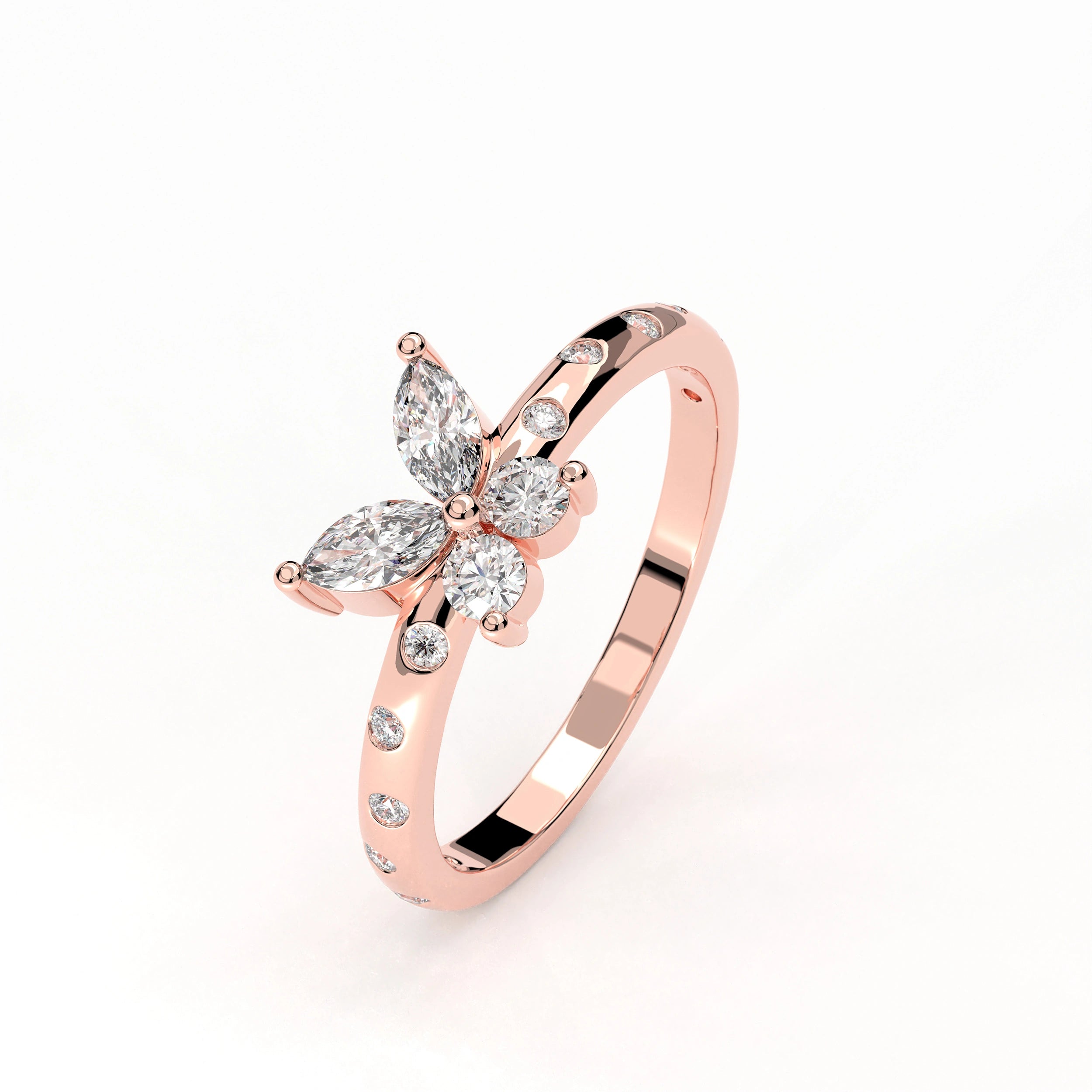 Angled View Of 0.54 Ct Butterfly Marquise Diamond Promise Ring with Pavé Accent Band