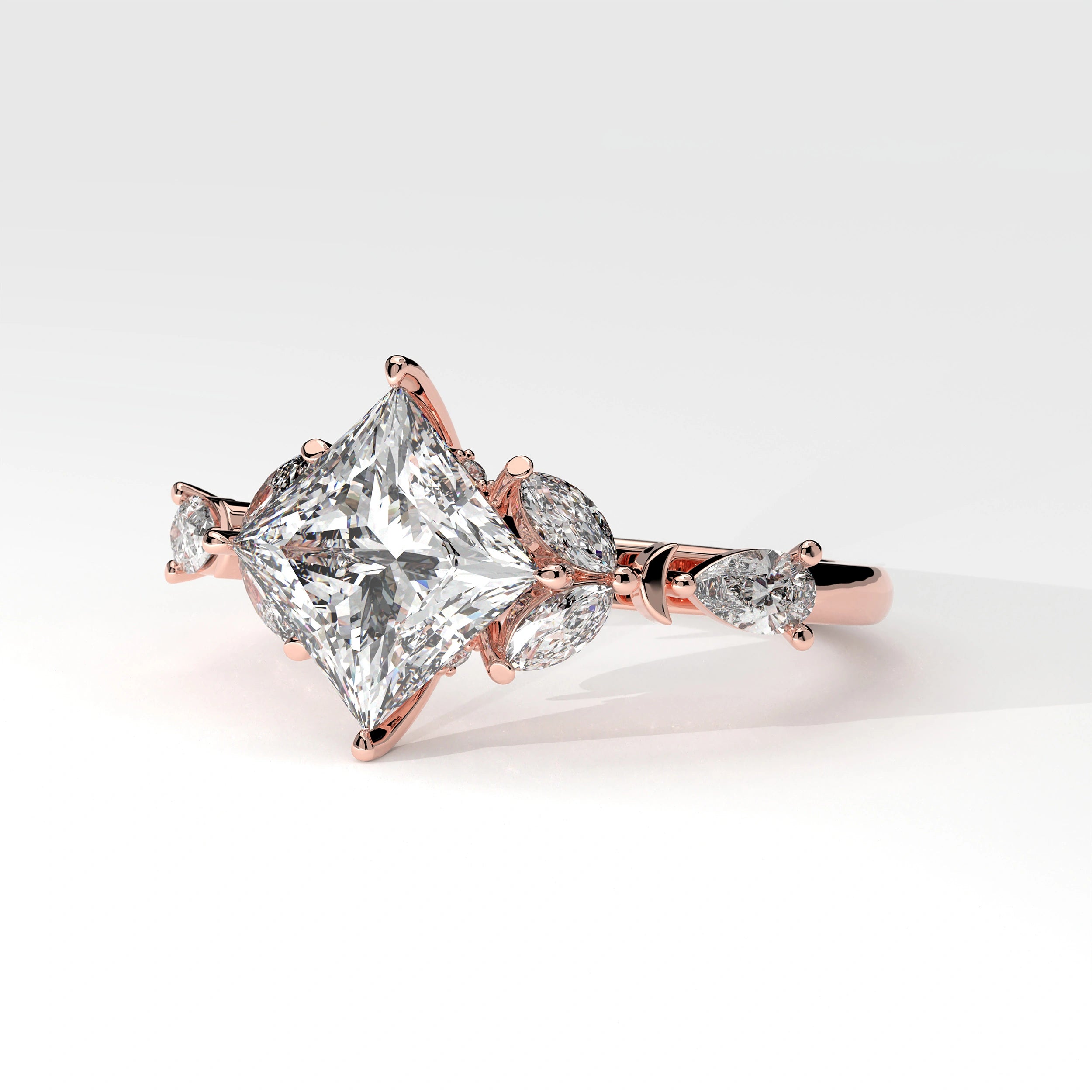 Side View Of 2.78 Ct Princess Cut Lab Diamond Ring with Marquise, Pear Side Stones