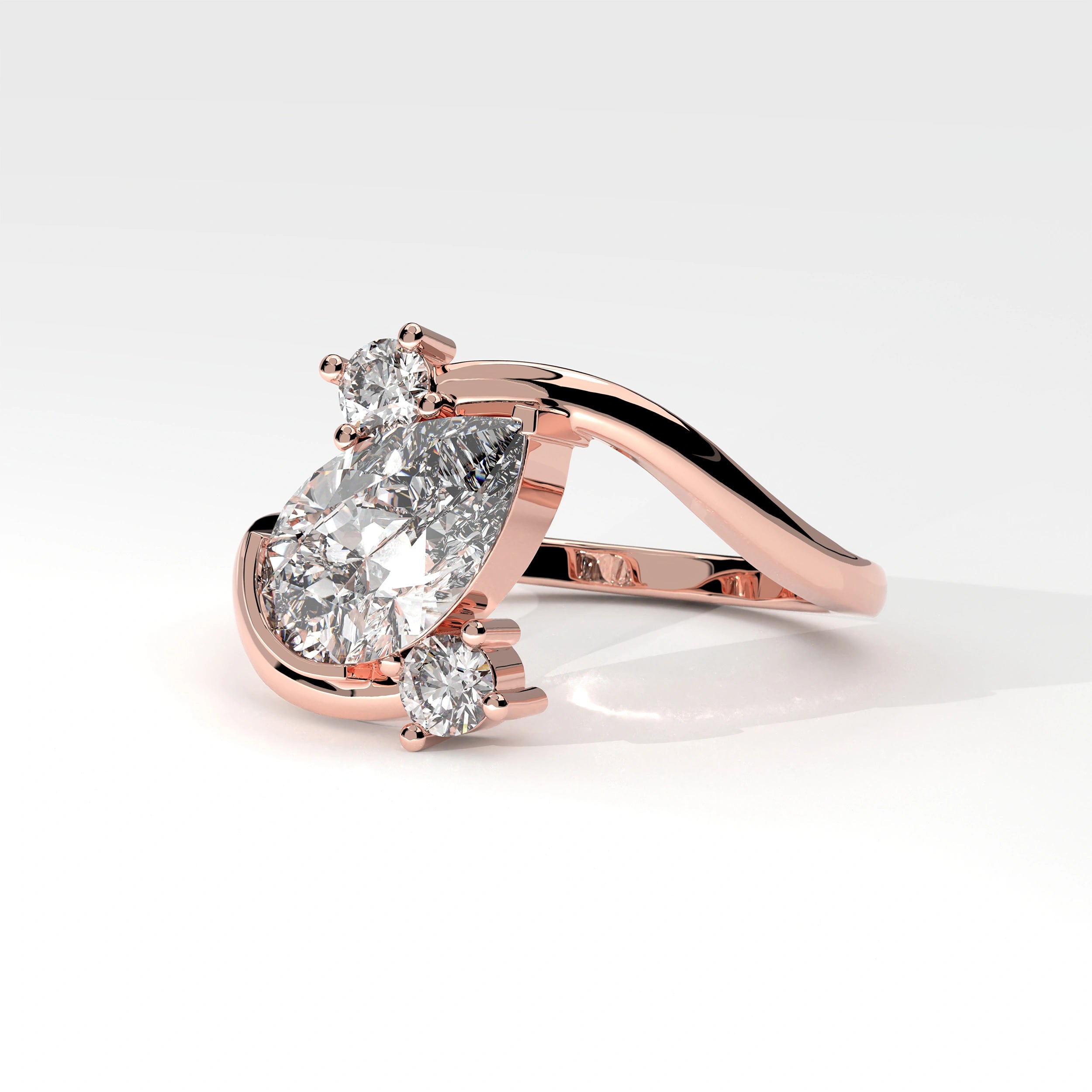 Side View Of 1.92ct Pear Shape Lab Grown Diamond Bypass Ring with Curved Split Band