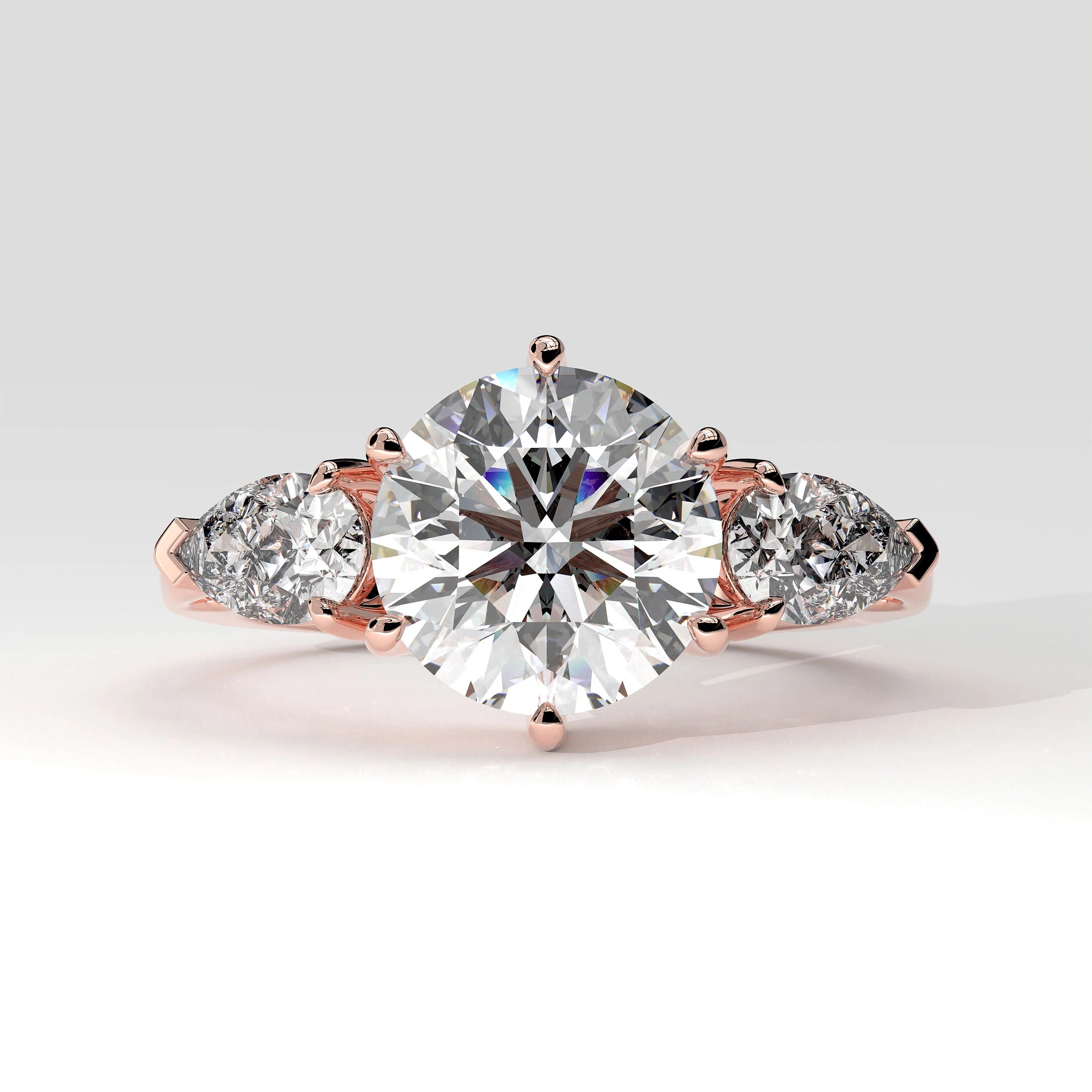 Front View Of 3.75 Ct Three Stone Lab Diamond Ring with Pear Side Stones Lab Diamond