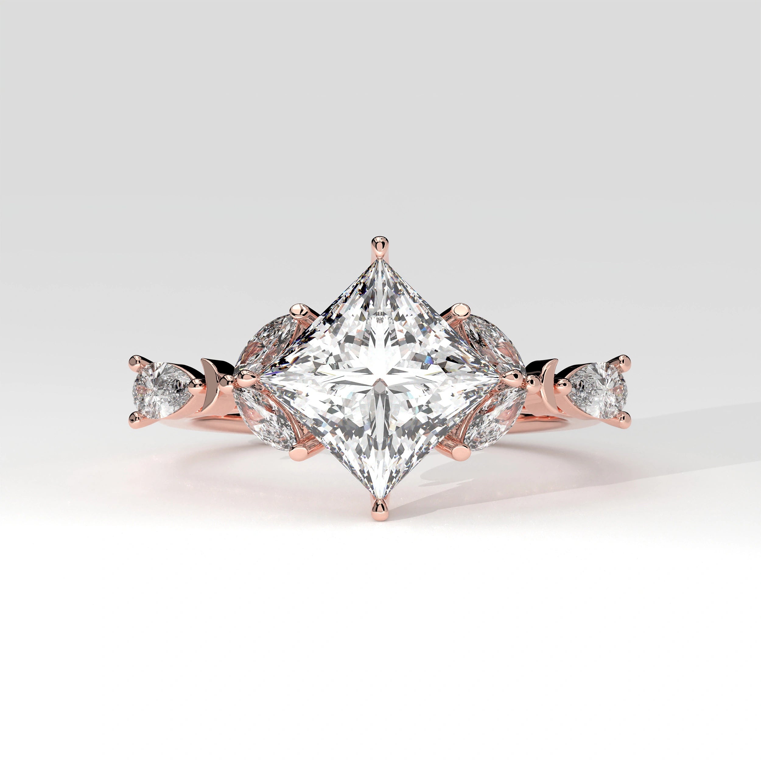 Front View Of View Of 2.78 Ct Princess Cut Lab Diamond Ring with Marquise, Pear Side Stones