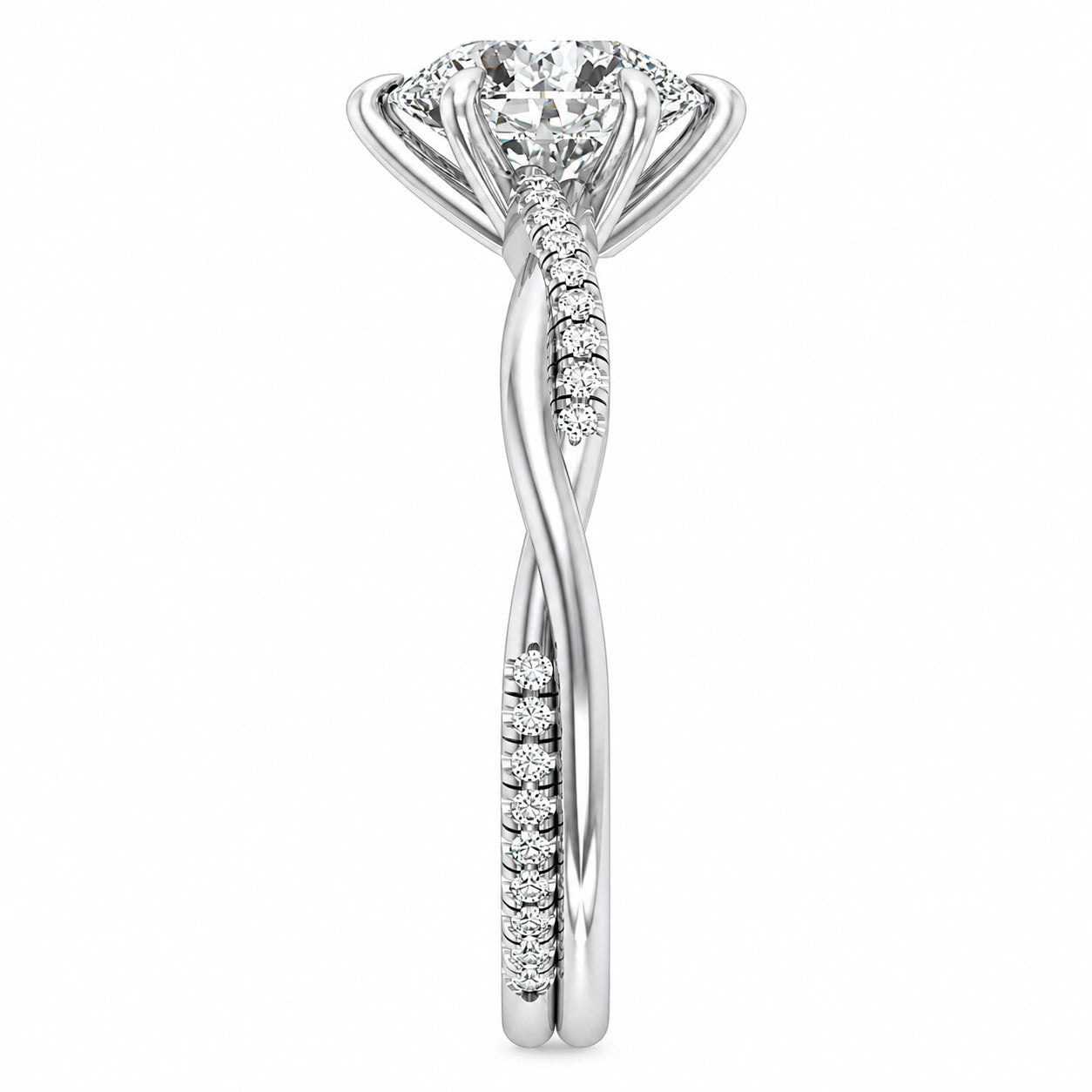 Side view of 1.72 Ct Pear Cut Diamond Engagement Ring in Pavé Infinity Twist Setting