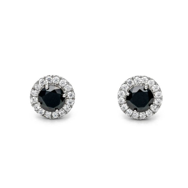 4.60 Carat Round Cut Diamond Halo Black & White Diamond Stud Earrings in Luxe Glam Style