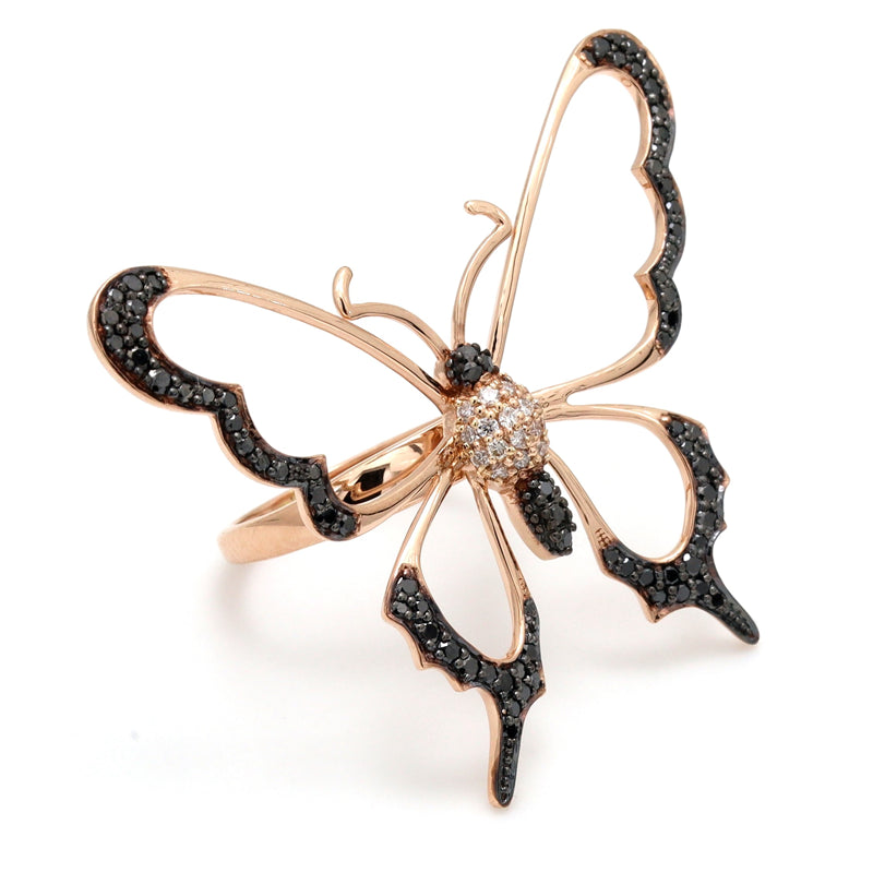 0.80 Carat Round Cut Butterfly Black And White Diamond Ring 18K Yellow Gold Black Diamond Engagement Ring