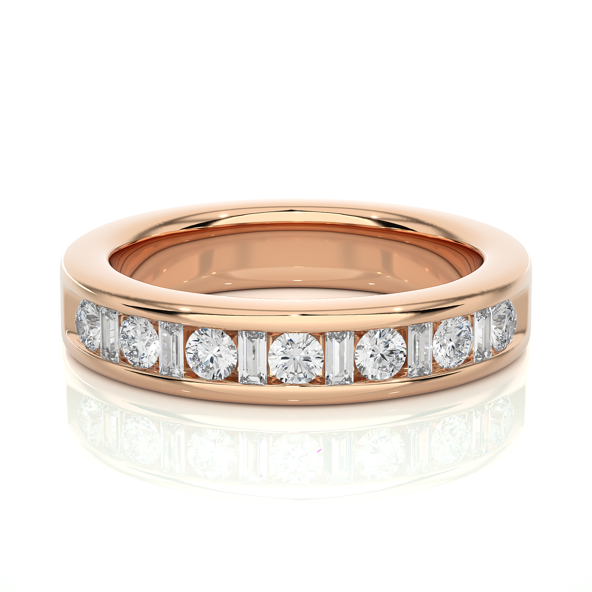 1 Ct Round And Baguette Cut Bezel Set Diamond Wedding Band 18K Rose Gold Natural Diamond Diamond Wedding Bands