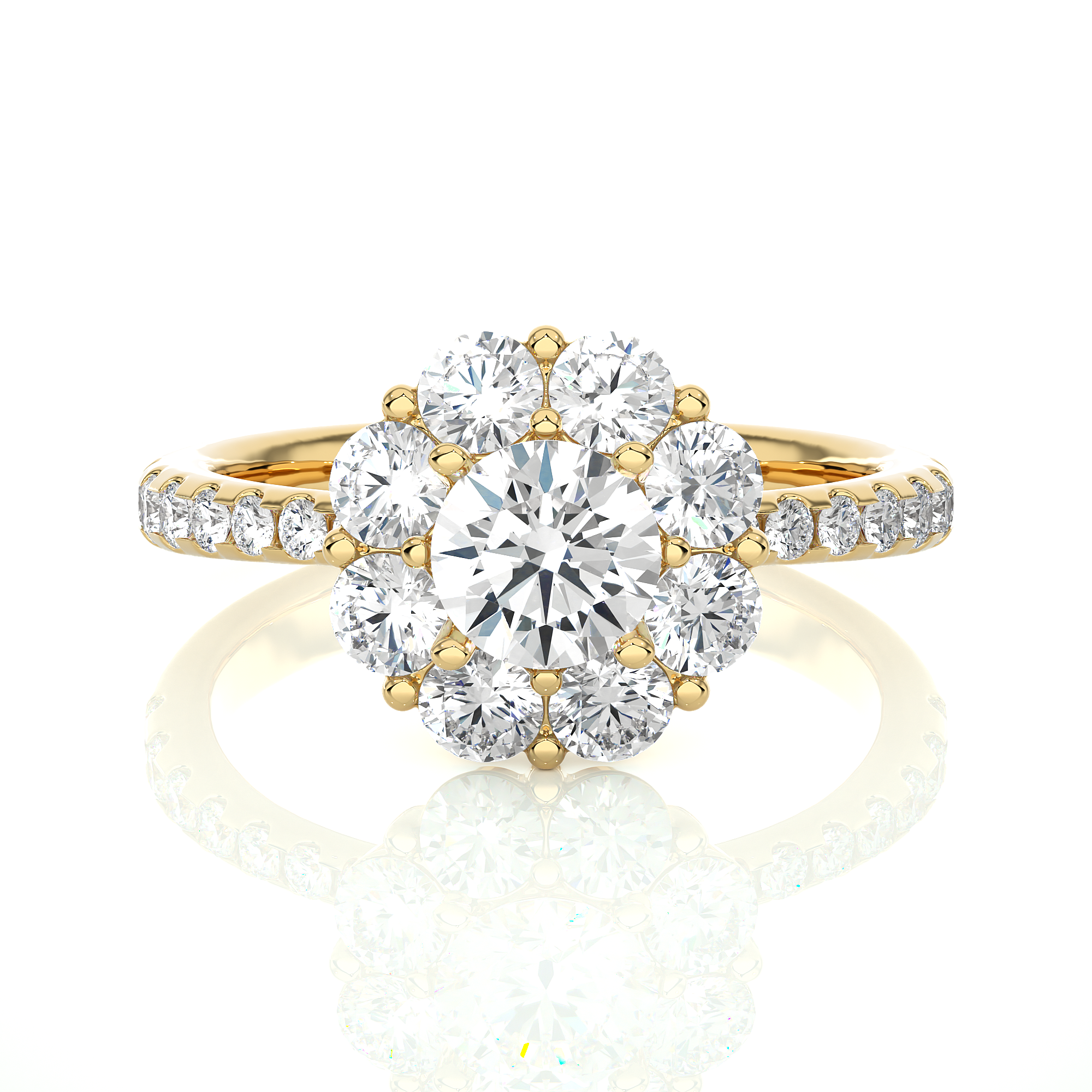 Round Lab Made Diamond Floral Halo Engagement Ring 18K Yellow Gold Natural Diamond