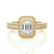 1.09 Carat Emerald Cut Halo Lab Created Diamond Ring 18K Yellow Gold Natural Diamond Halo Diamond Engagement Rings