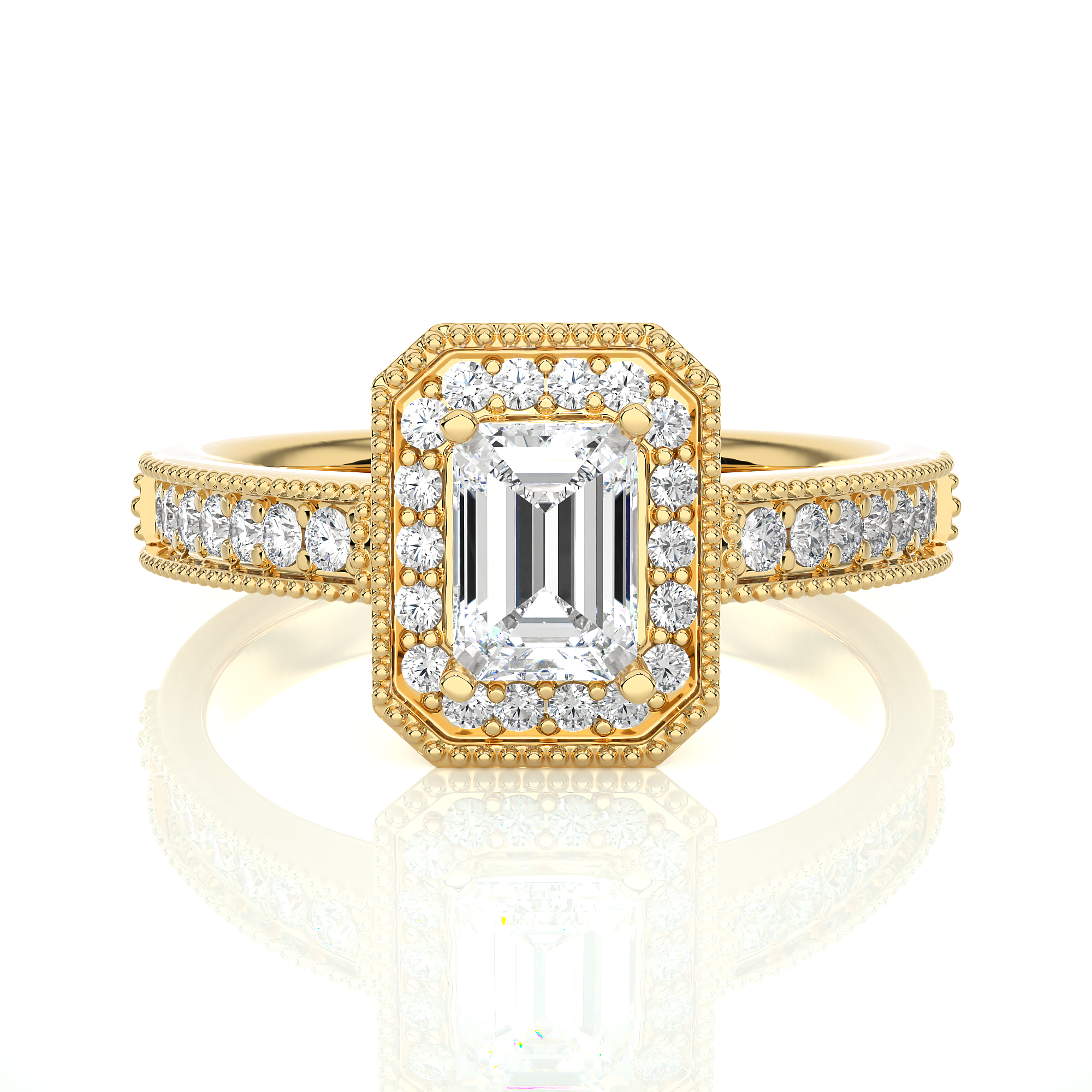 1.09 Carat Emerald Cut Halo Lab Created Diamond Ring 18K Yellow Gold Natural Diamond Halo Diamond Engagement Rings